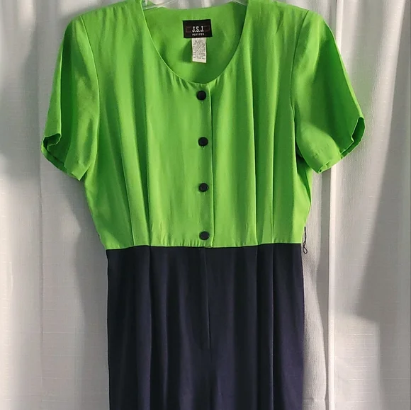 Vintage J.S.J. Petites Jumpsuit Size 10P Vibrant Green and Navy 80s Neon - Picture 4 of 10